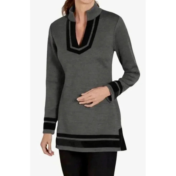 Soft Surroundings Tunic Top Women’s PM Gray Runway Wool Blend Knit Velvet Trim - Picture 1 of 10